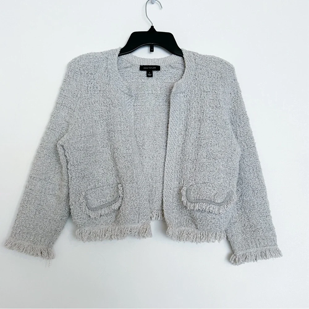 Ann Taylor silver gray fringe blazer long sleeve pocket jacket small - Picture 2 of 7